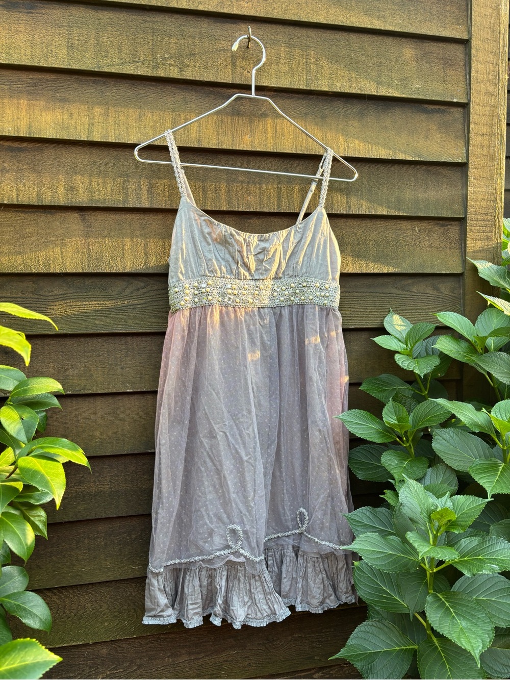 RARE Free People Lavender Lace-Trim Spaghetti Strap Dress with Beaded Waist